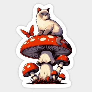 Funny Vintage White Cat in Mushroom Garden Sticker